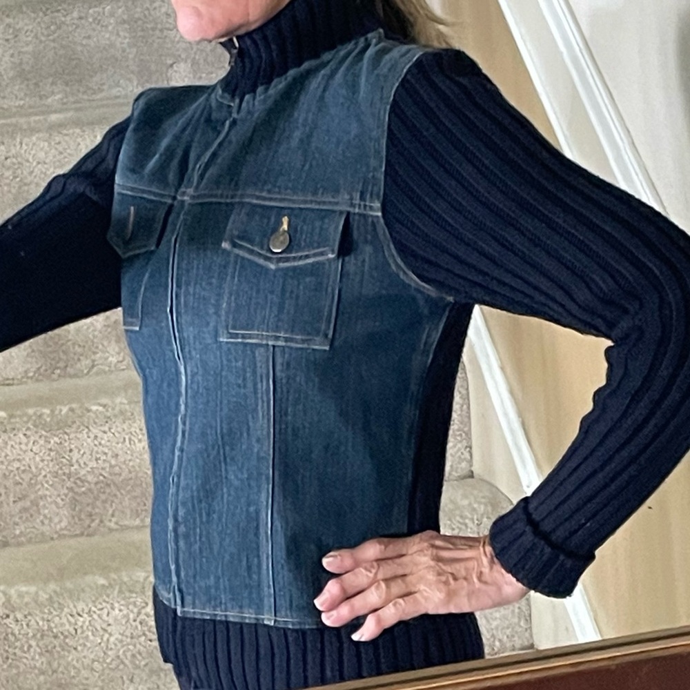 CLIO Denim Sweater Jacket Knit Collar & Sleeve Zip Front Jean Jacket Casual Med